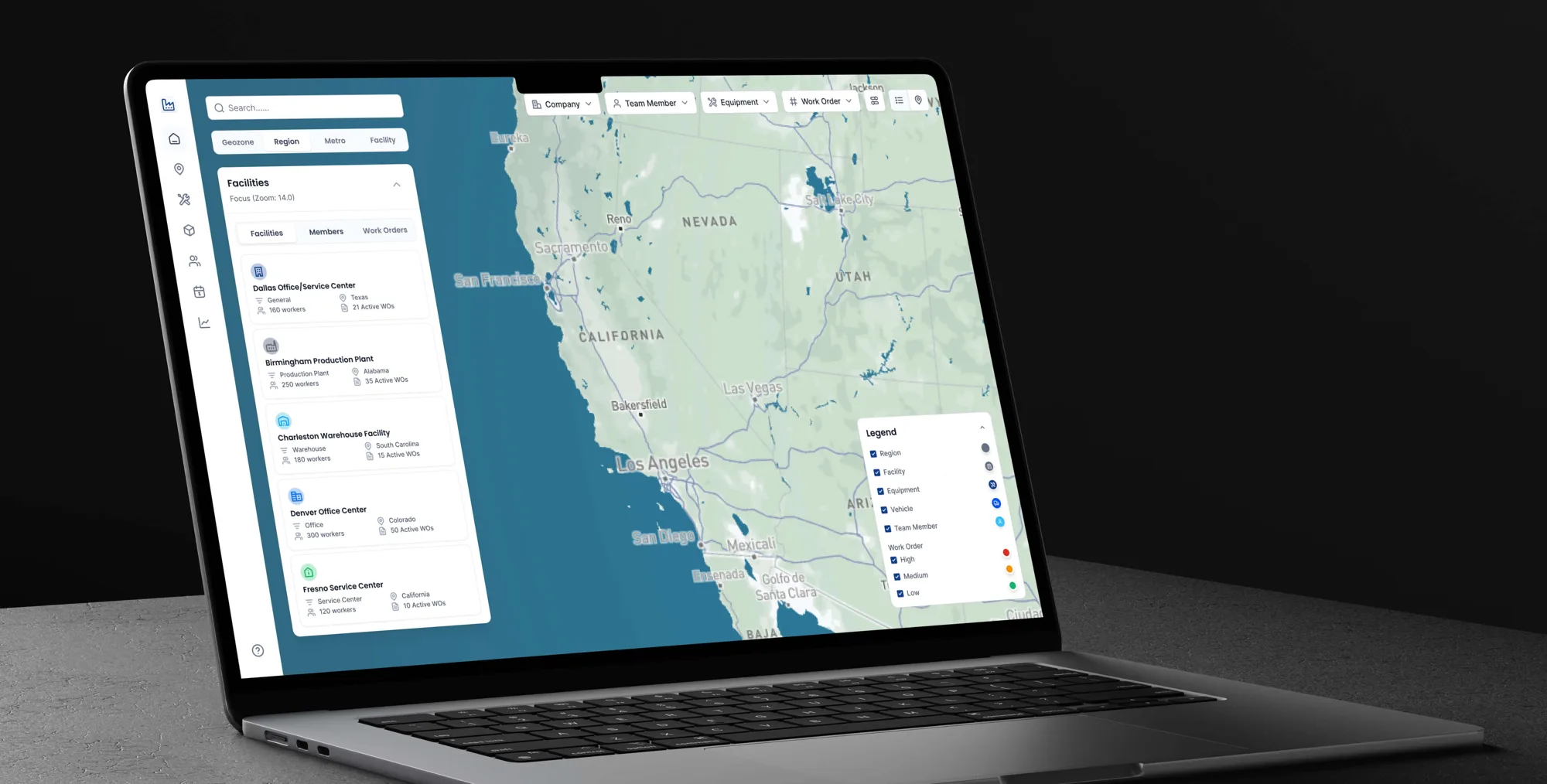 Connected Worker regional map view on a laptop